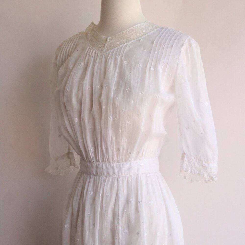 Vintage Antique 1900s 1910s Dress, Edwardian White Cotton And Lace Embroidered - Picture 6 of 10